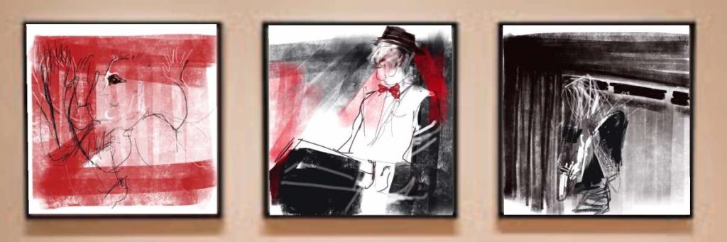 Gallery wall of three framed drawings of musicians in red, black and white colours.