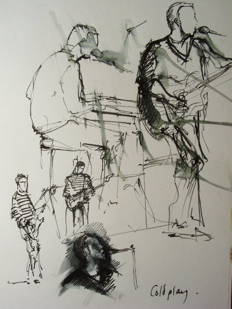 Black pen and ink wash on white paper sketch of band Coldplay performing Yellow at Later with Jools Holland on BBC TV show.