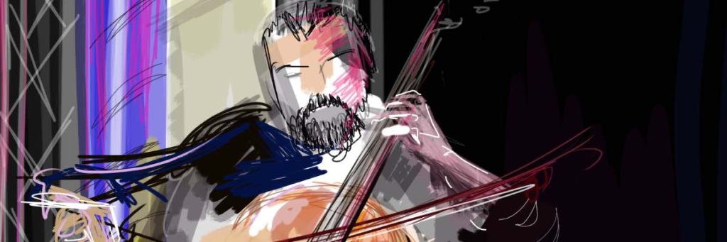 Close up of digital sketch of cellist Clement Petit playing his cello.