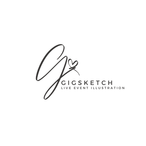 Logo of business name Gigsketch and service offered of live event illustration.